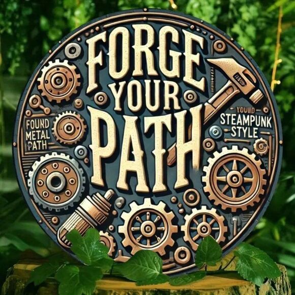 8x8 Inch Round "Forge Your Path" Gear Steampunk Wall Art Metal Sign Wall Decor - Picture 1 of 2